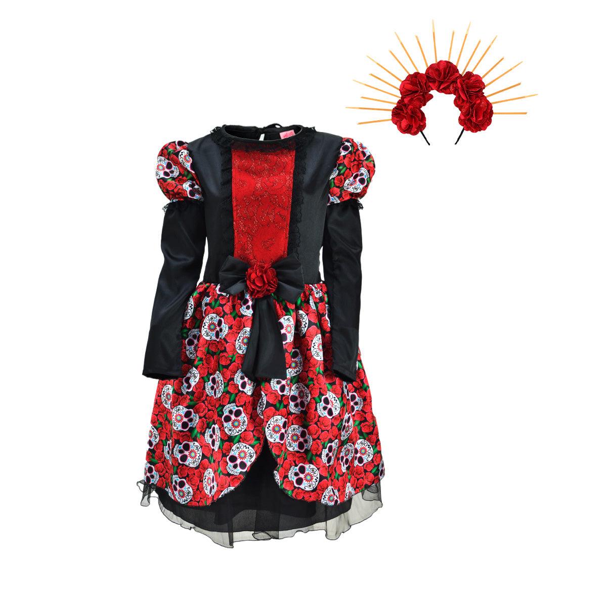Vestido de Catrina estampado de rosas y corona de flores niña FLORY VENI0138