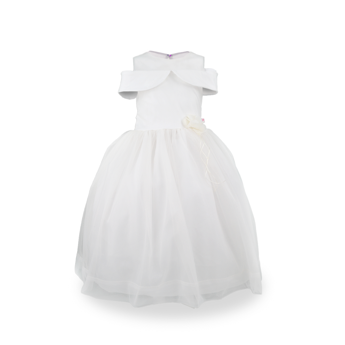 Vestido largo estilo princesa con transparencia y moño al frente Niña Flory VENI0142