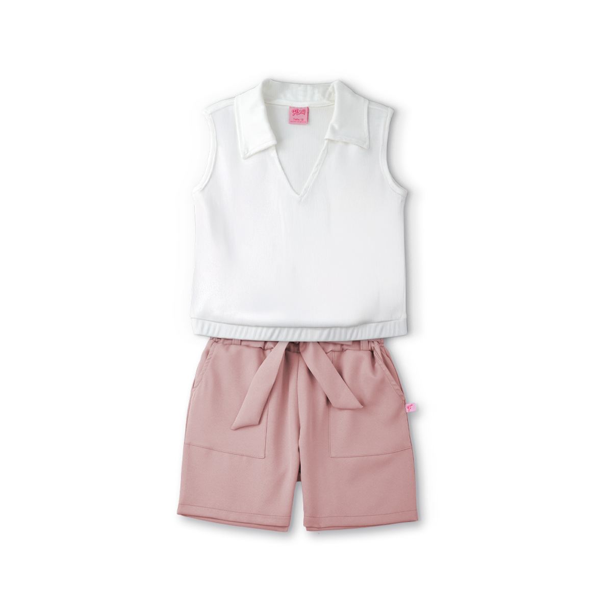 Conjunto de blusa con botones y short con bolsas y moño niña Flory COJU0004