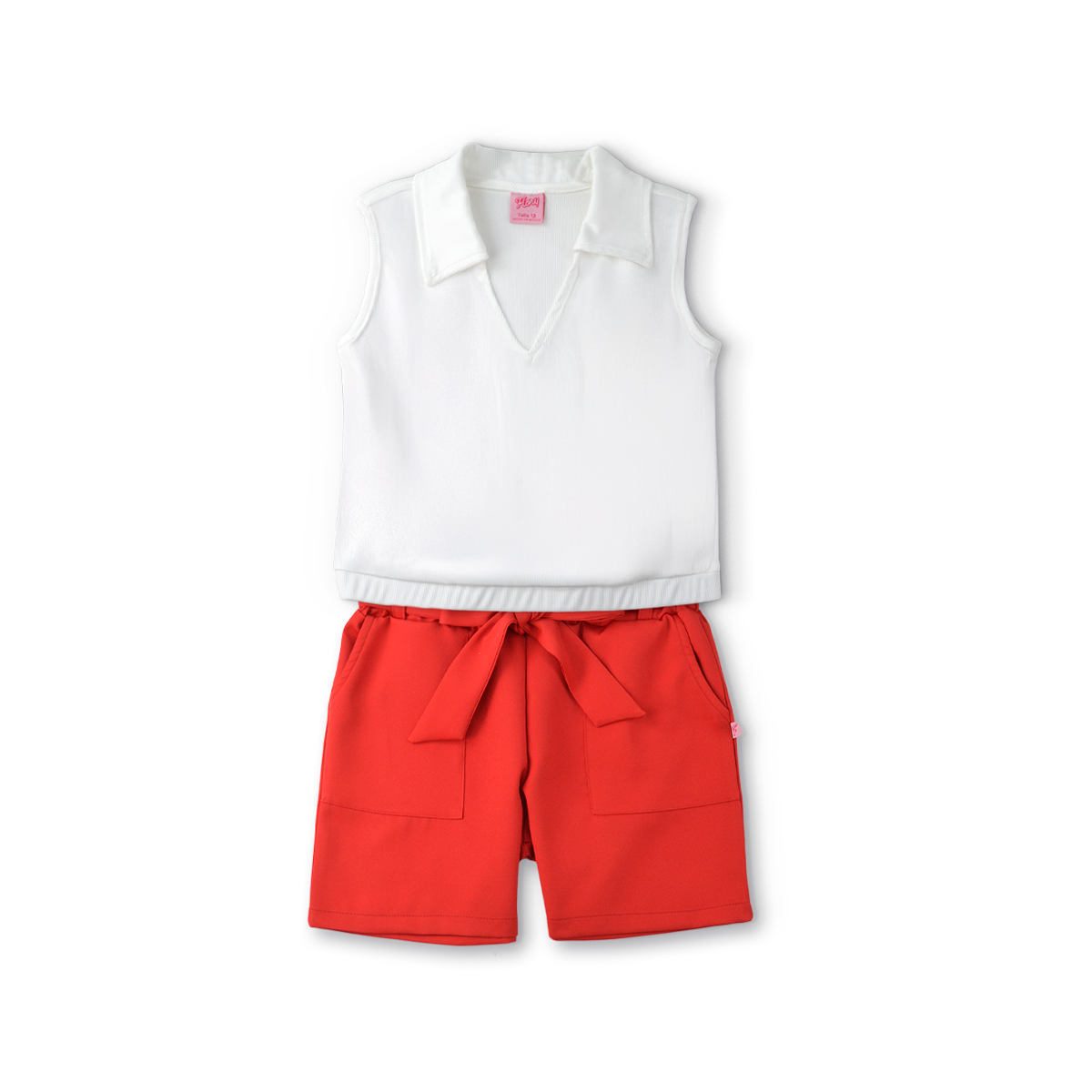 Conjunto de blusa con botones y short con bolsas y moño niña Flory COJU0004