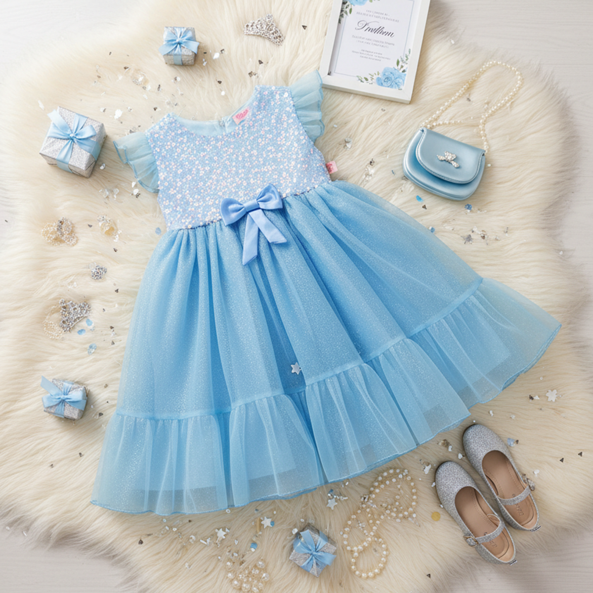 Vestido de lentejuelas con olanes y moño en cintura | VEBB0137 | tallas 1-2-3