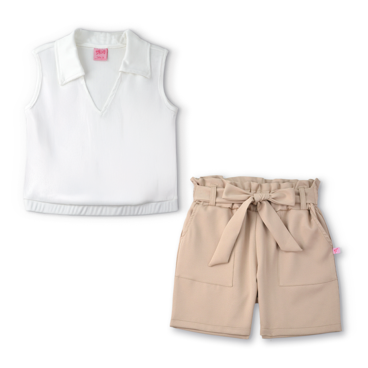 Conjunto de blusa con botones y short con bolsas y moño niña Flory COJU0004