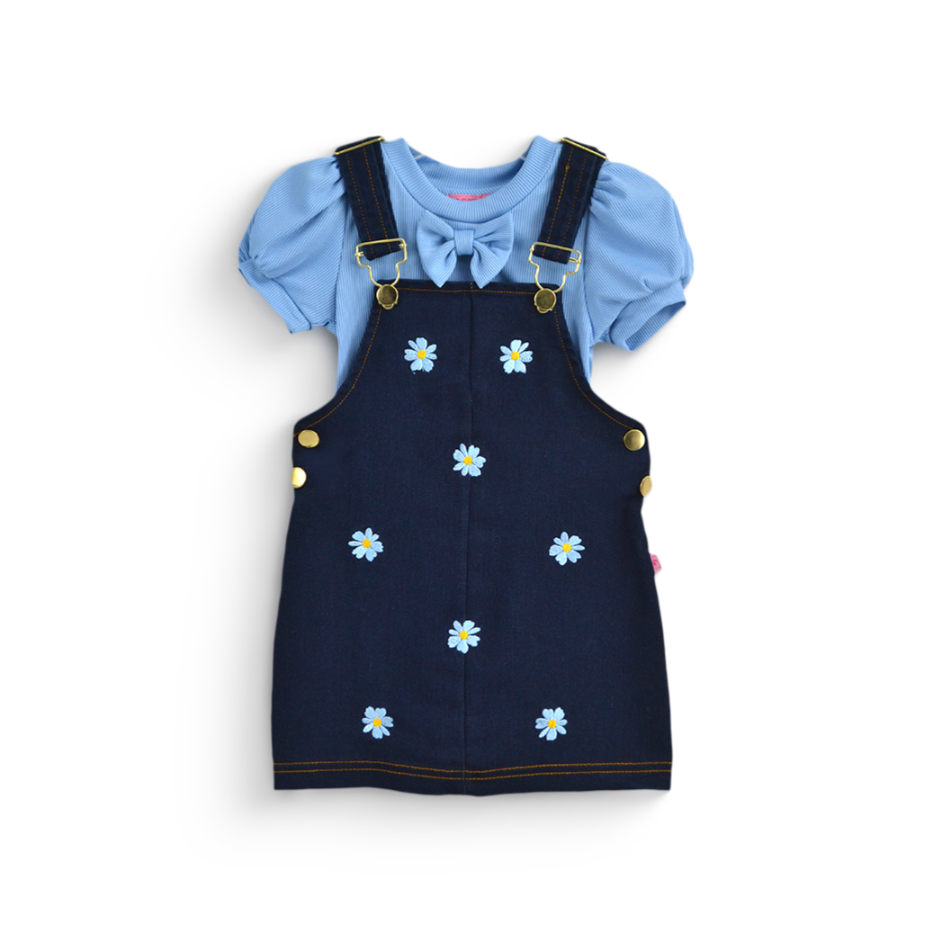 Jumper de mezclilla con bordado y blusa con moño niña bebé Flory JUBB0002