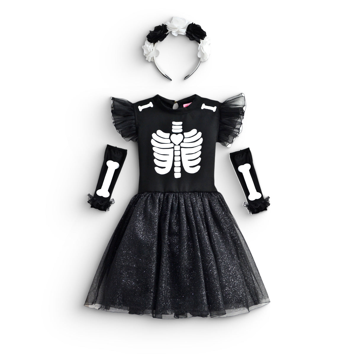 Vestido disfraz de esqueletos con diadema Niña Flory VENI0178