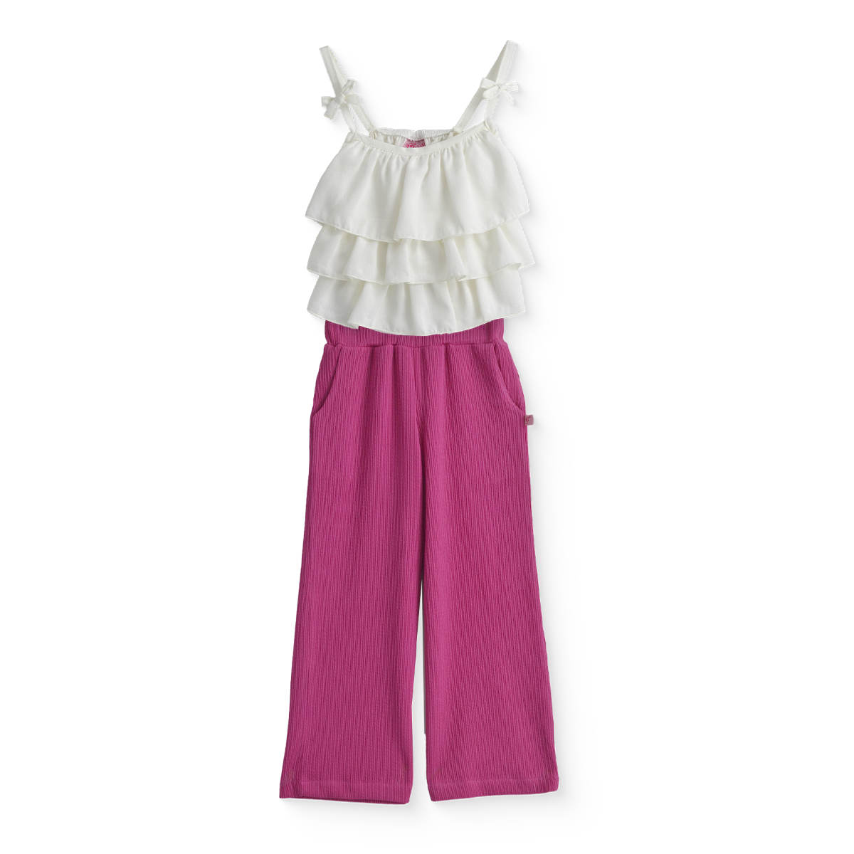 Conjunto con pantalón a rayas, blusa hueso con olanes | CONI0043 | tallas ch-m-gr