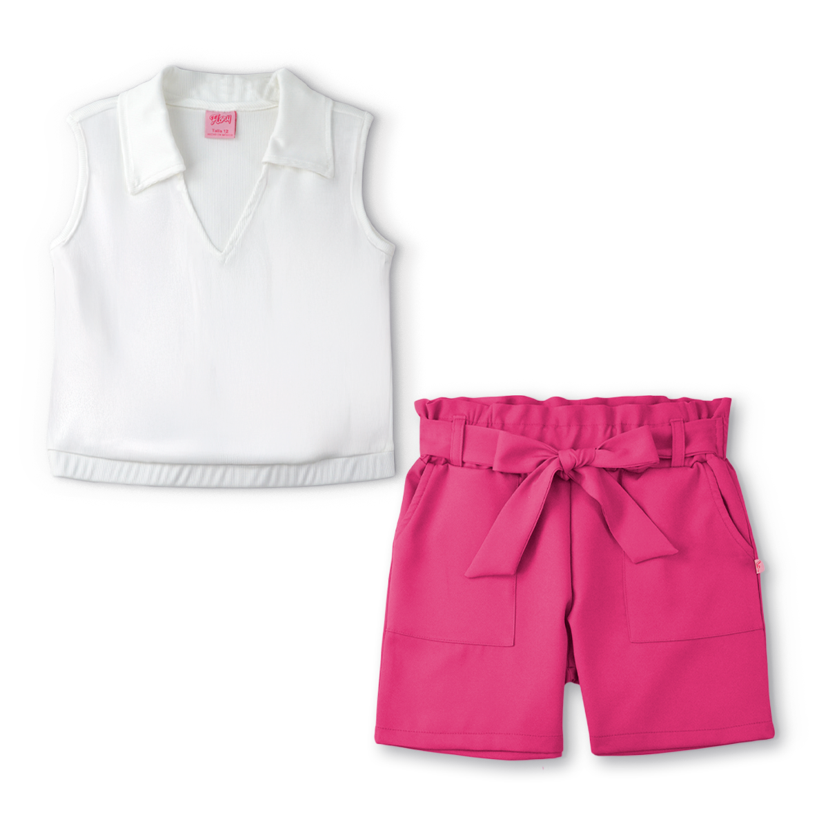 Conjunto de blusa con botones y short con bolsas y moño niña Flory COJU0004