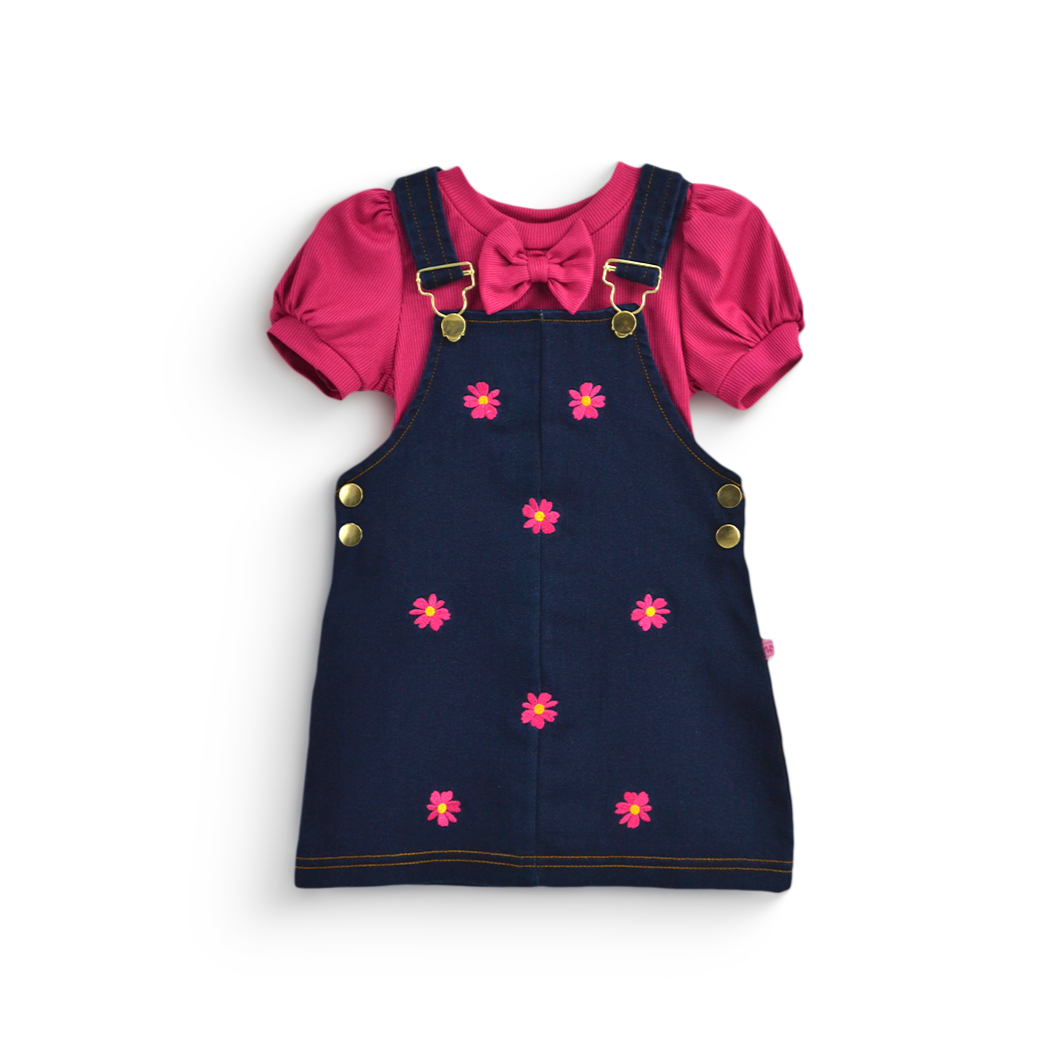 Jumper de mezclilla con bordado y blusa con moño niña bebé Flory JUBB0002