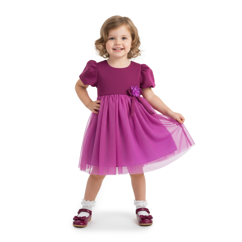 Vestido manga abullonada con flor de satín Flory niña bebé VEBB0119