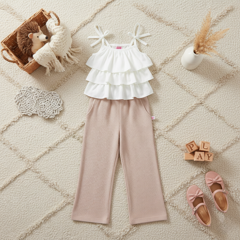 Conjunto con pantalón a rayas, blusa hueso con olanes | CONI0043 | tallas ch-m-gr