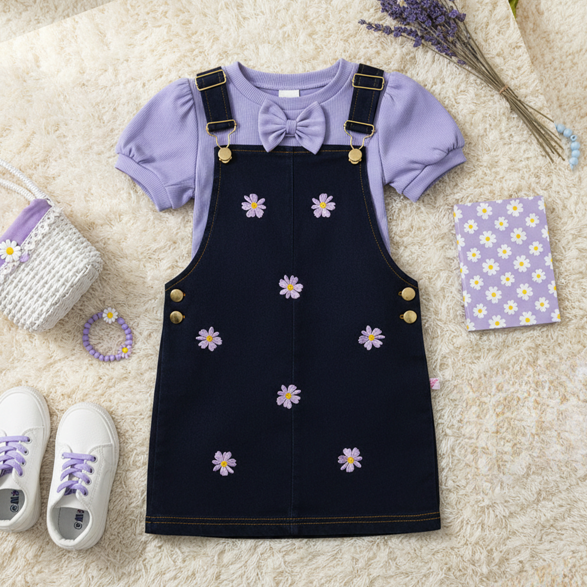 Jumper mezclilla bordado y blusa con moño | JUNI0002 | tallas ch-m-gr