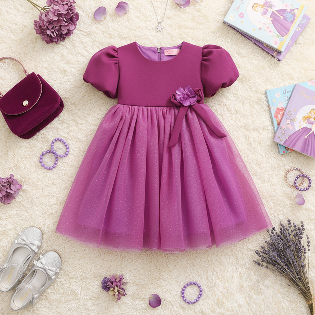 Vestido manga abullonada con flor de satín | VEBB0119 | tallas 1-2-3