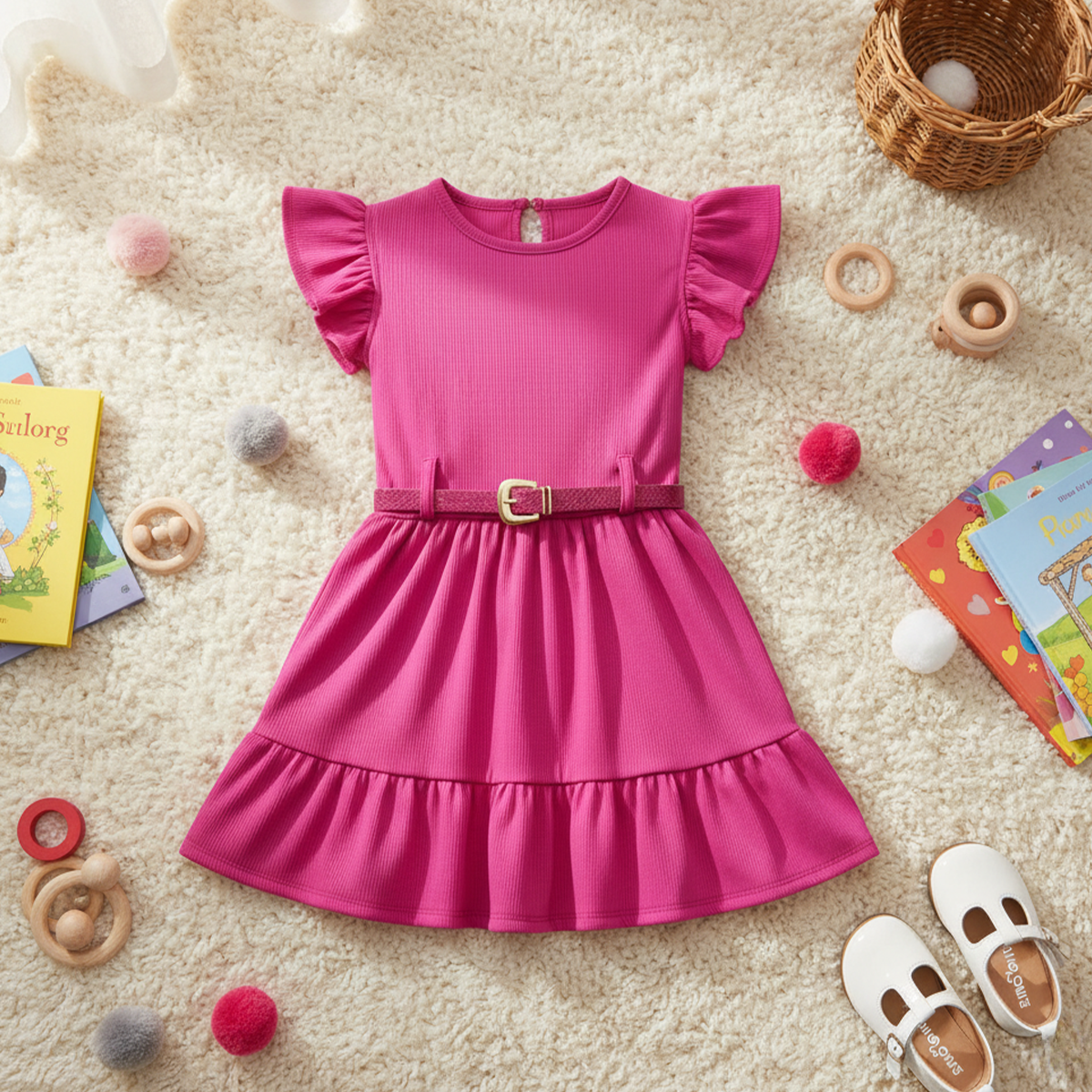 Vestido de olanes con cinturón dorado | VEBB0058 | tallas 1-2-3