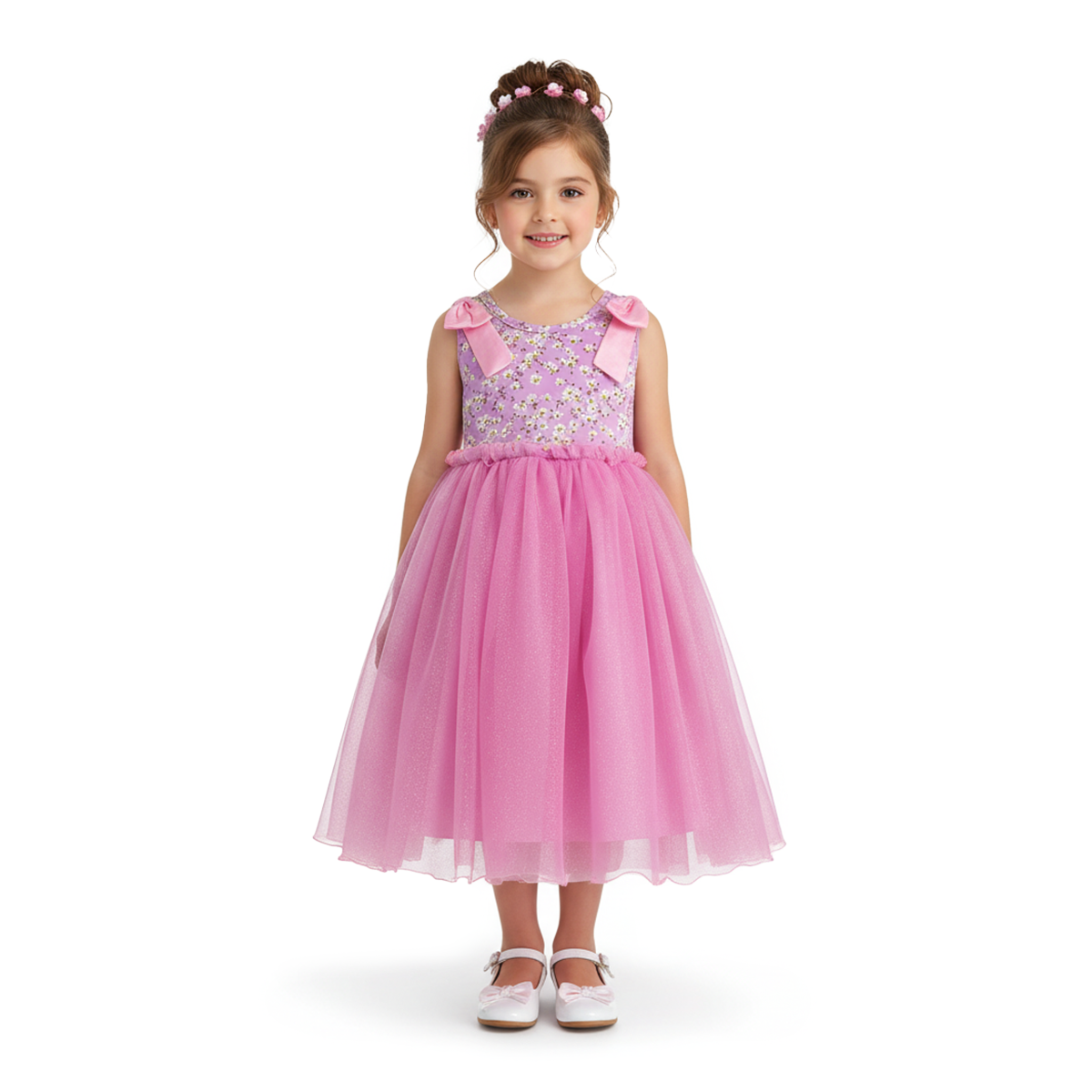 Vestido de fiesta de florecitas con falda de tul glitter | VENI0206A | tallas ch-m-g