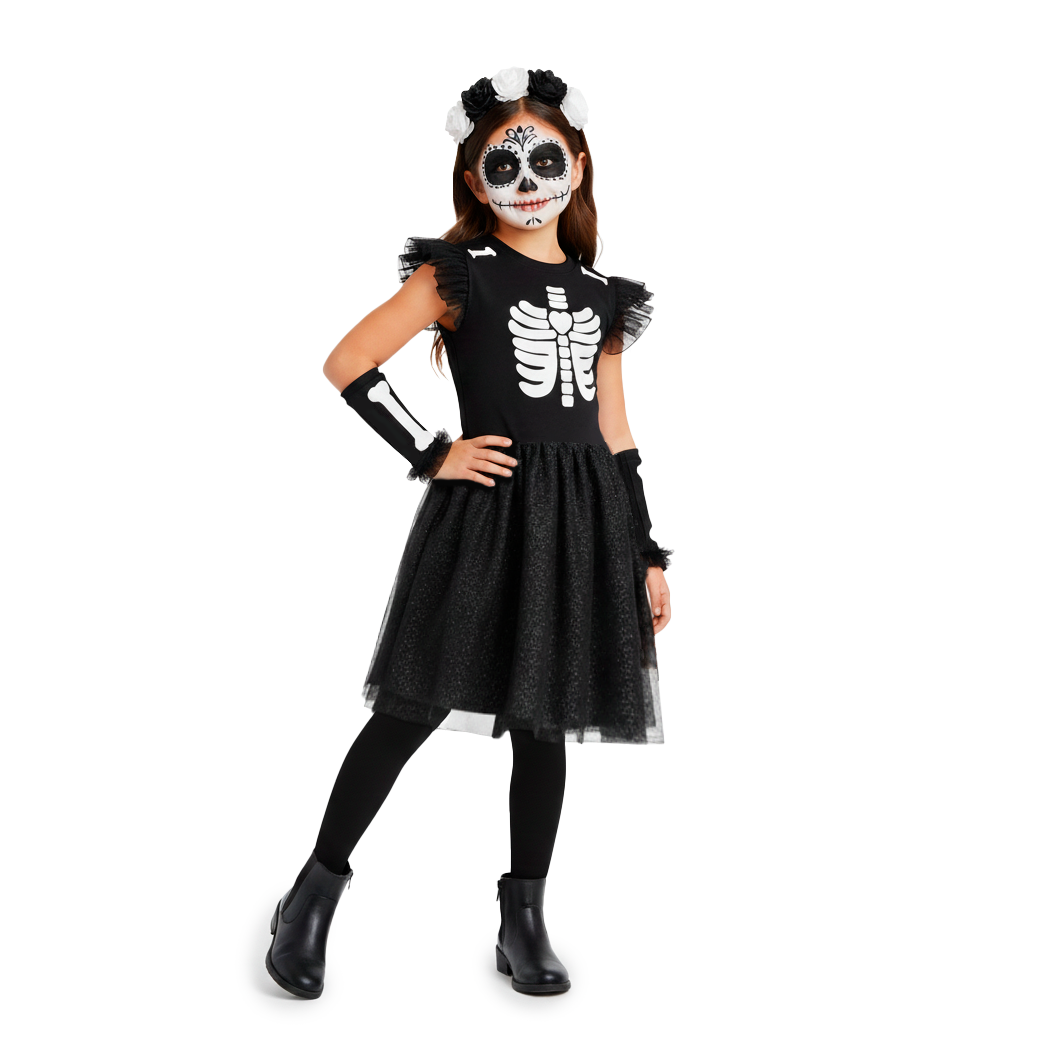 Vestido disfraz de esqueletos con diadema Niña Flory VENI0178