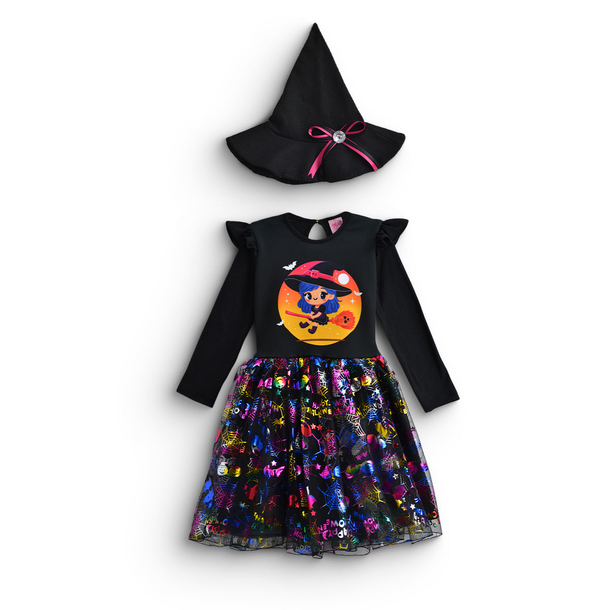 Vestido disfraz de brujita con sombrero Niña Flory VENI0183