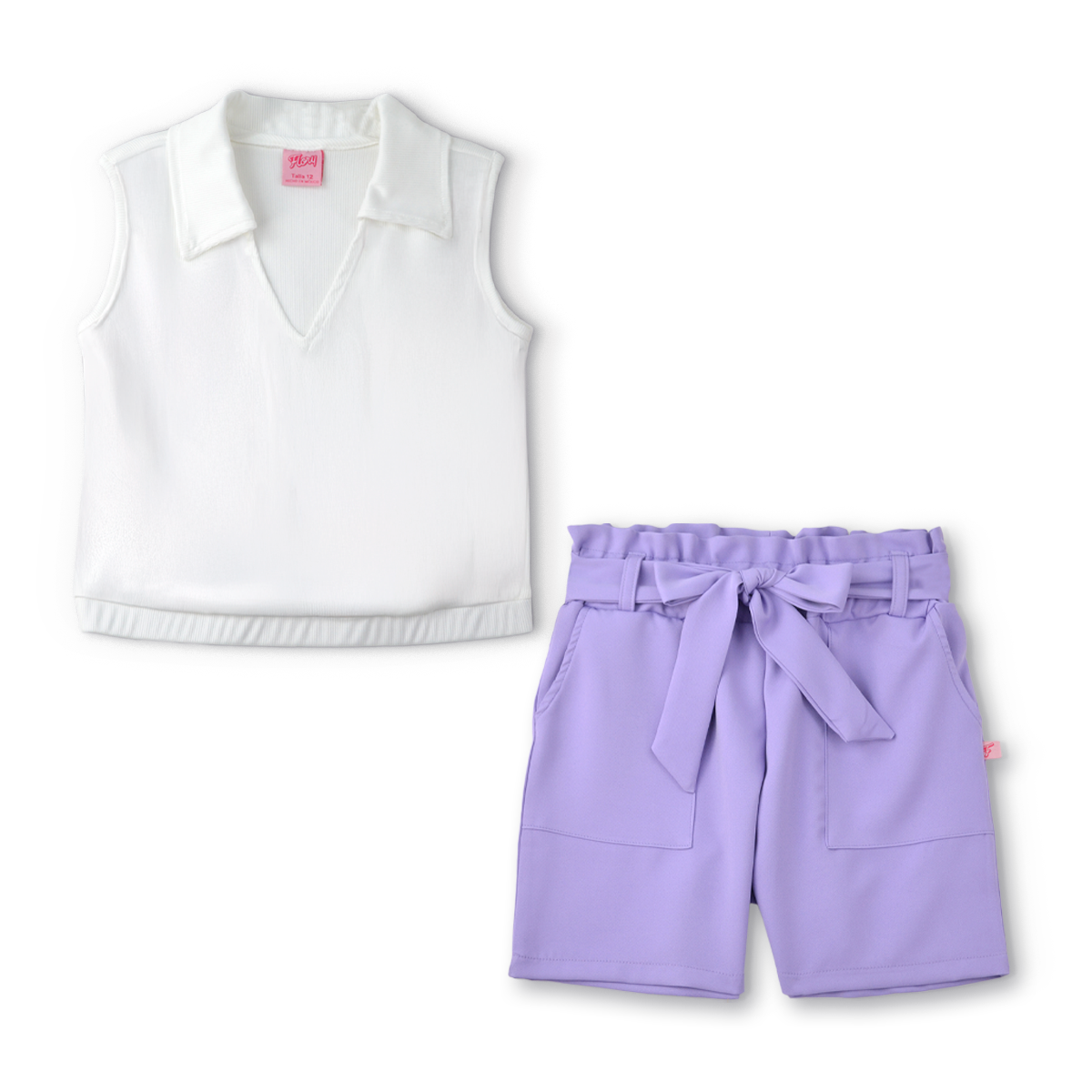 Conjunto de blusa con botones y short con bolsas y moño niña Flory COJU0004