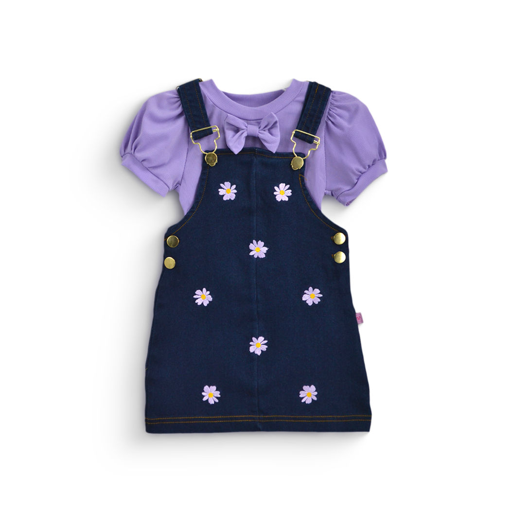 Jumper de mezclilla con bordado y blusa con moño niña bebé Flory JUBB0002