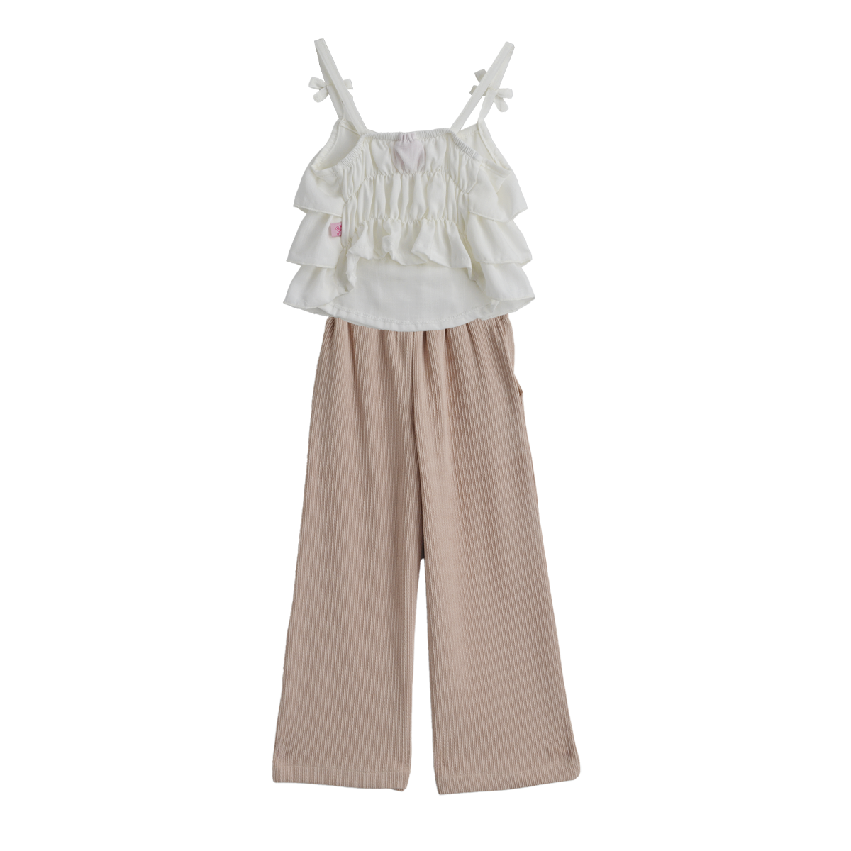 Conjunto con pantalón a rayas, blusa hueso con olanes | CONI0043 | tallas ch-m-gr