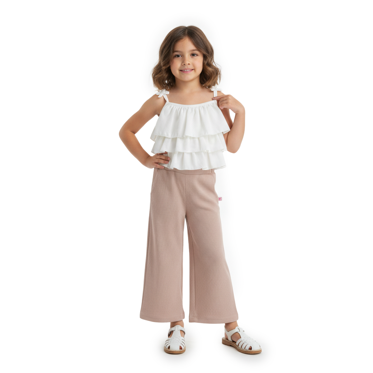 Conjunto con pantalón a rayas, blusa hueso con olanes | CONI0043 | tallas ch-m-gr