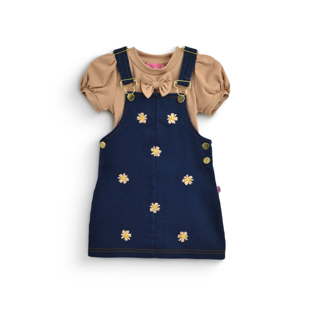 Jumper de mezclilla con bordado y blusa con moño niña bebé Flory JUBB0002