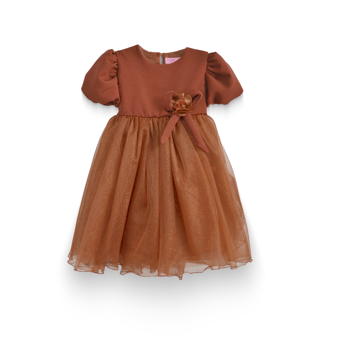 Vestido manga abullonada con flor de satín Flory niña bebé VEBB0119