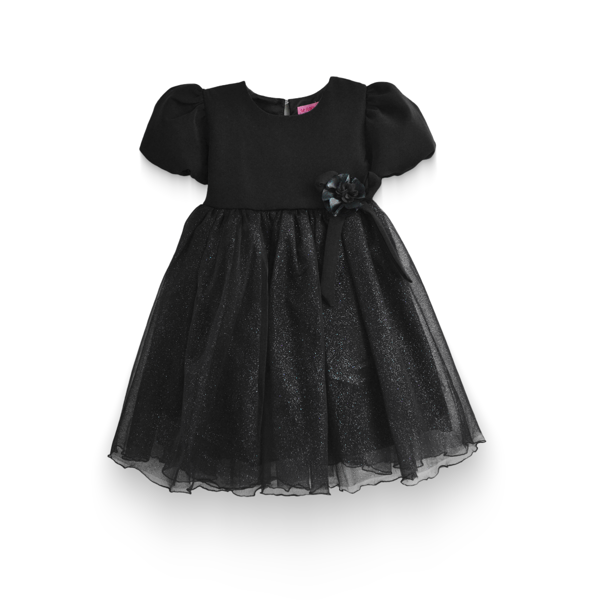 Vestido manga abullonada con flor de satín Flory niña bebé VEBB0119