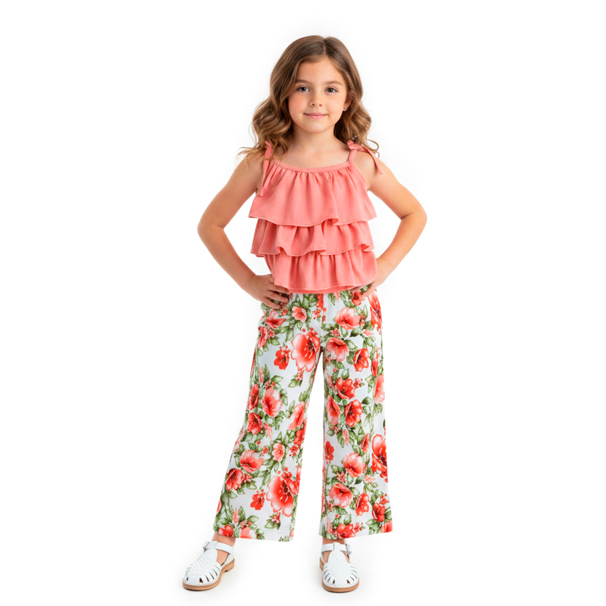 Conjunto con pantalón flores, blusa con olanes | CONI0042 | tallas ch-m-gr