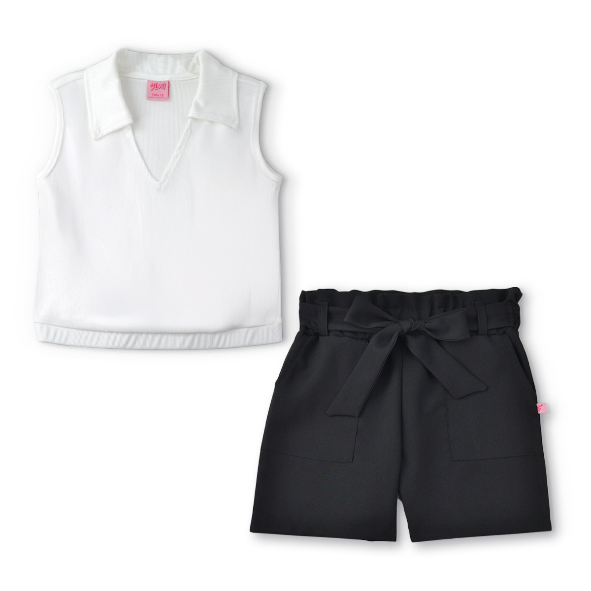 Conjunto de blusa con botones y short con bolsas y moño niña Flory COJU0004