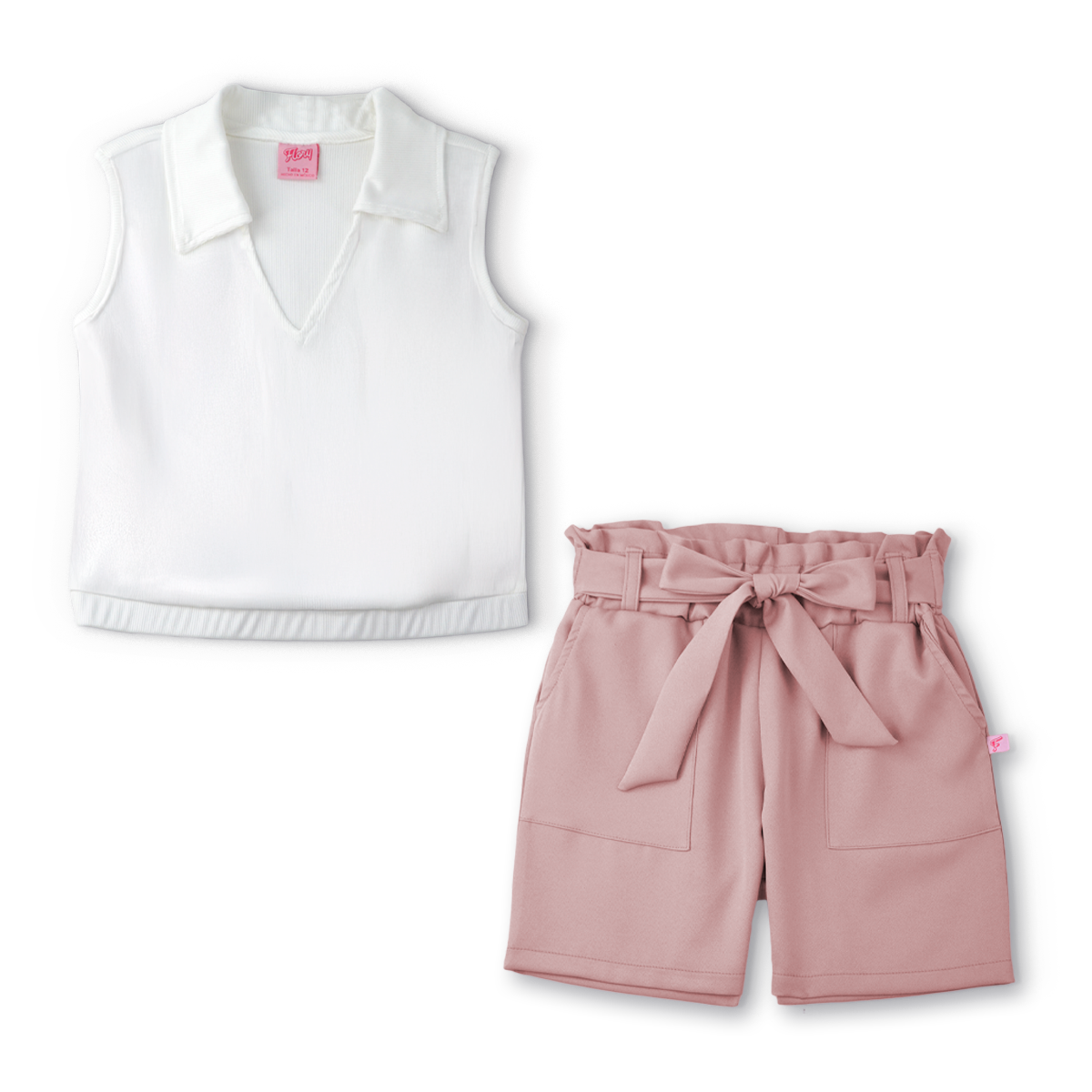 Conjunto de blusa con botones y short con bolsas y moño niña Flory COJU0004