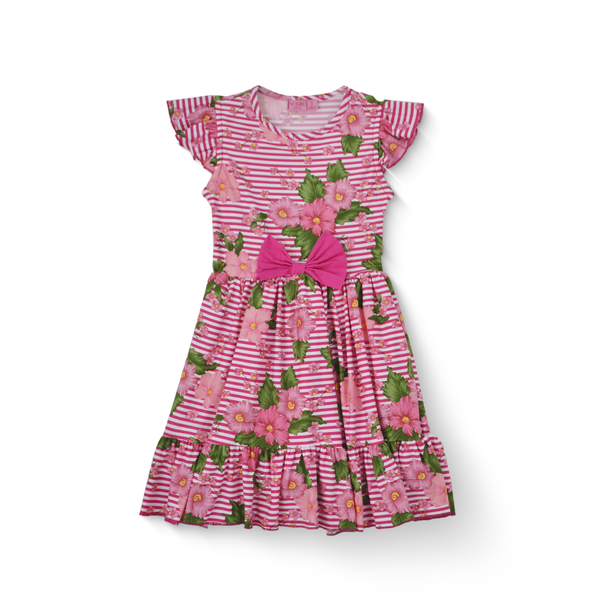 Vestido Rayado con Flores con Moño Niña Bebé Flory VEBB0118