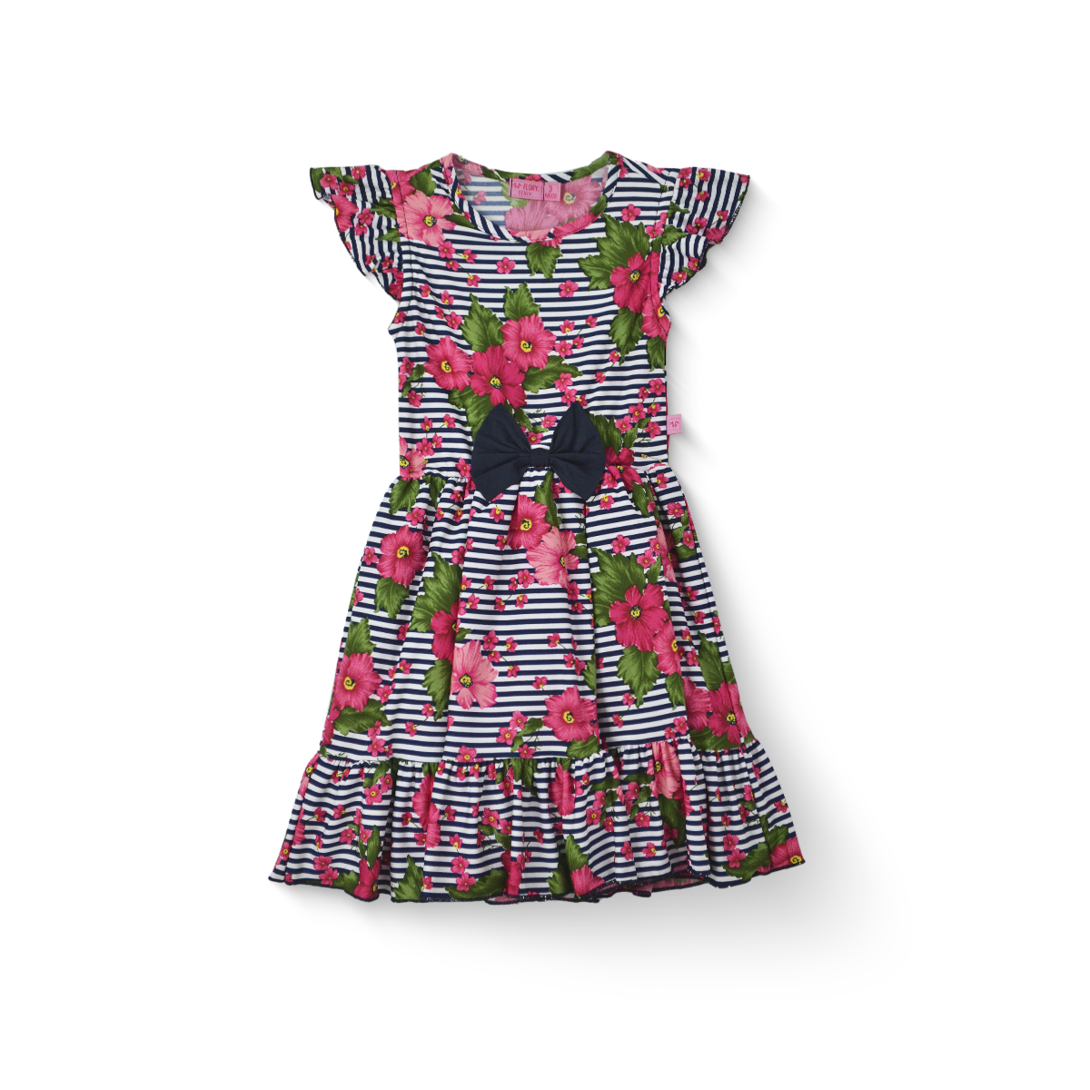 Vestido Rayado con Flores con Moño Niña Bebé Flory VEBB0118