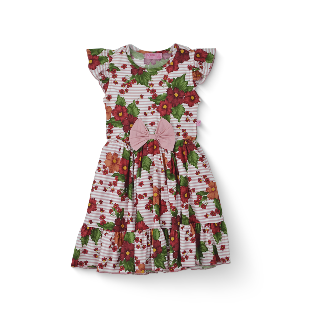 Vestido Rayado con Flores con Moño Niña Bebé Flory VEBB0118
