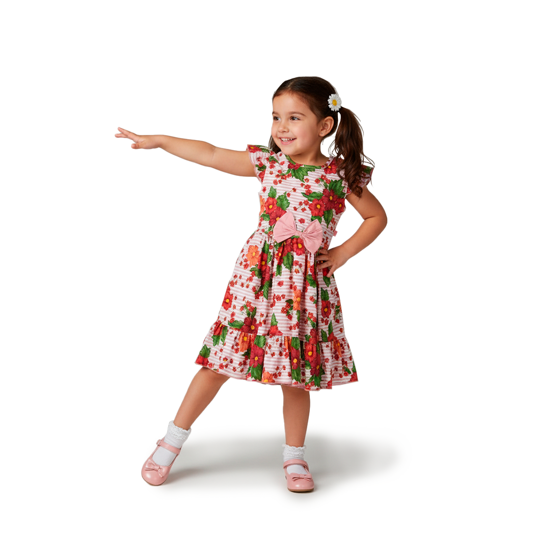 Vestido Rayado con Flores con Moño Niña Bebé Flory VEBB0118