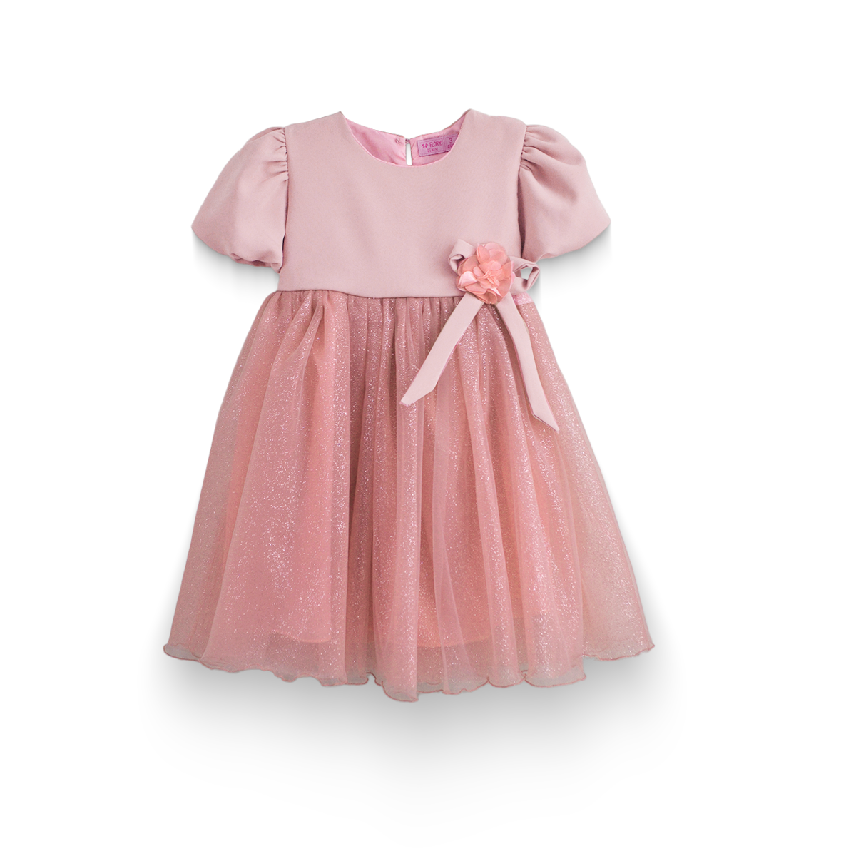 Vestido manga abullonada con flor de satín Flory niña bebé VEBB0119
