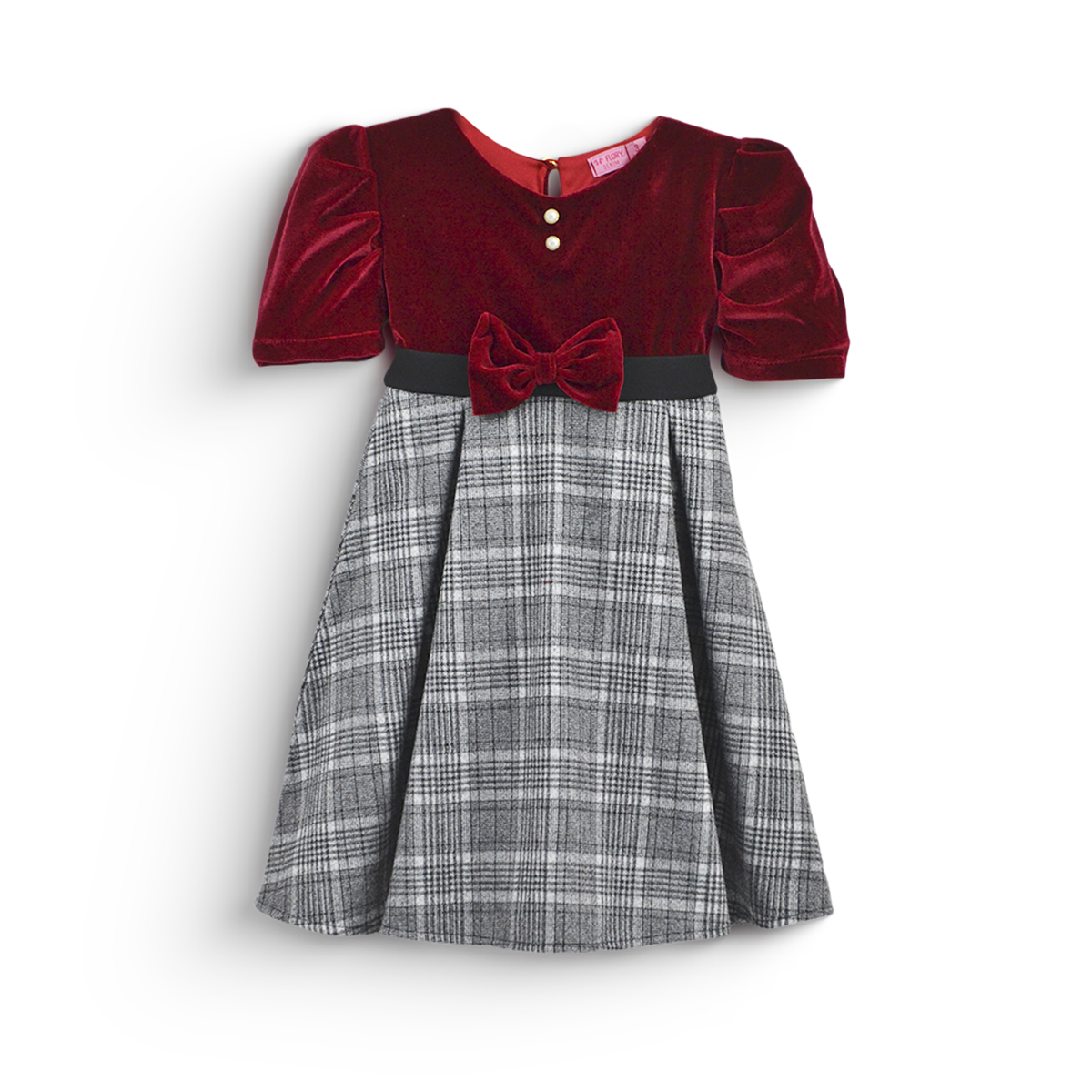 Vestido navideño de terciopelo en combinación a cuadros para bebé VEBB0120 Flory