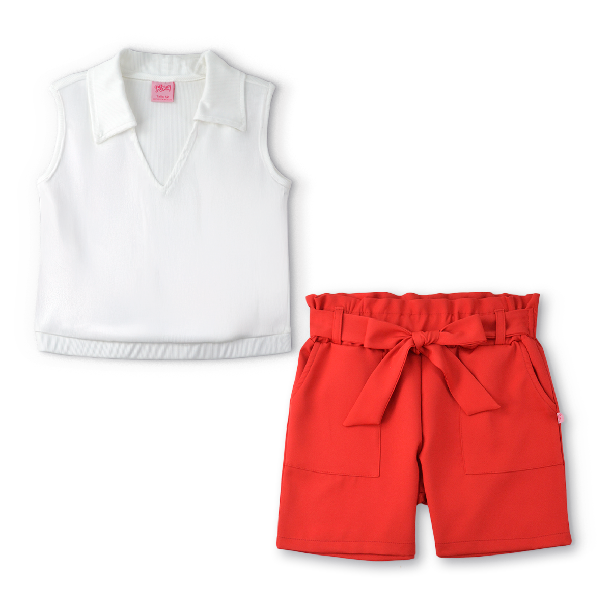 Conjunto de blusa con botones y short con bolsas y moño niña Flory COJU0004
