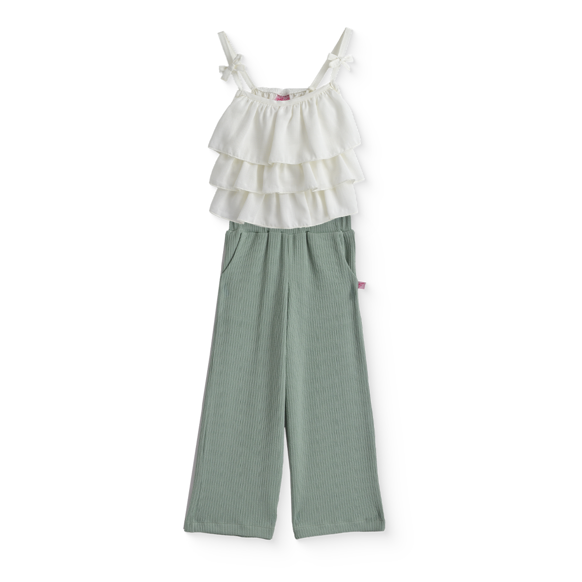 Conjunto con pantalón a rayas, blusa hueso con olanes | CONI0043 | tallas ch-m-gr