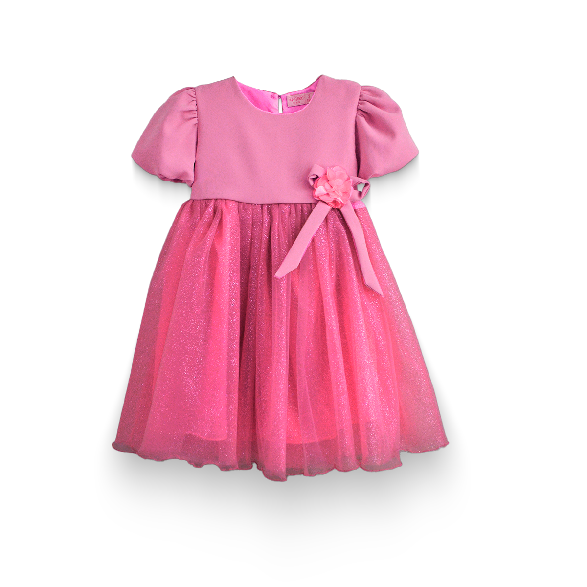 Vestido manga abullonada con flor de satín Flory niña bebé VEBB0119