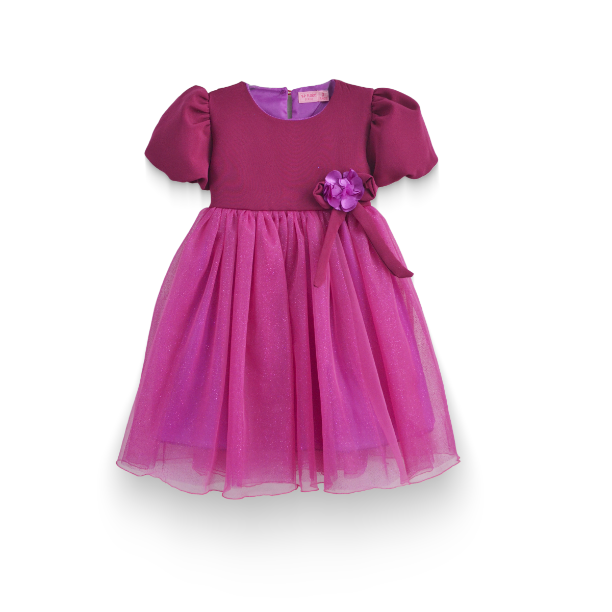 Vestido manga abullonada con flor de satín Flory niña bebé VEBB0119