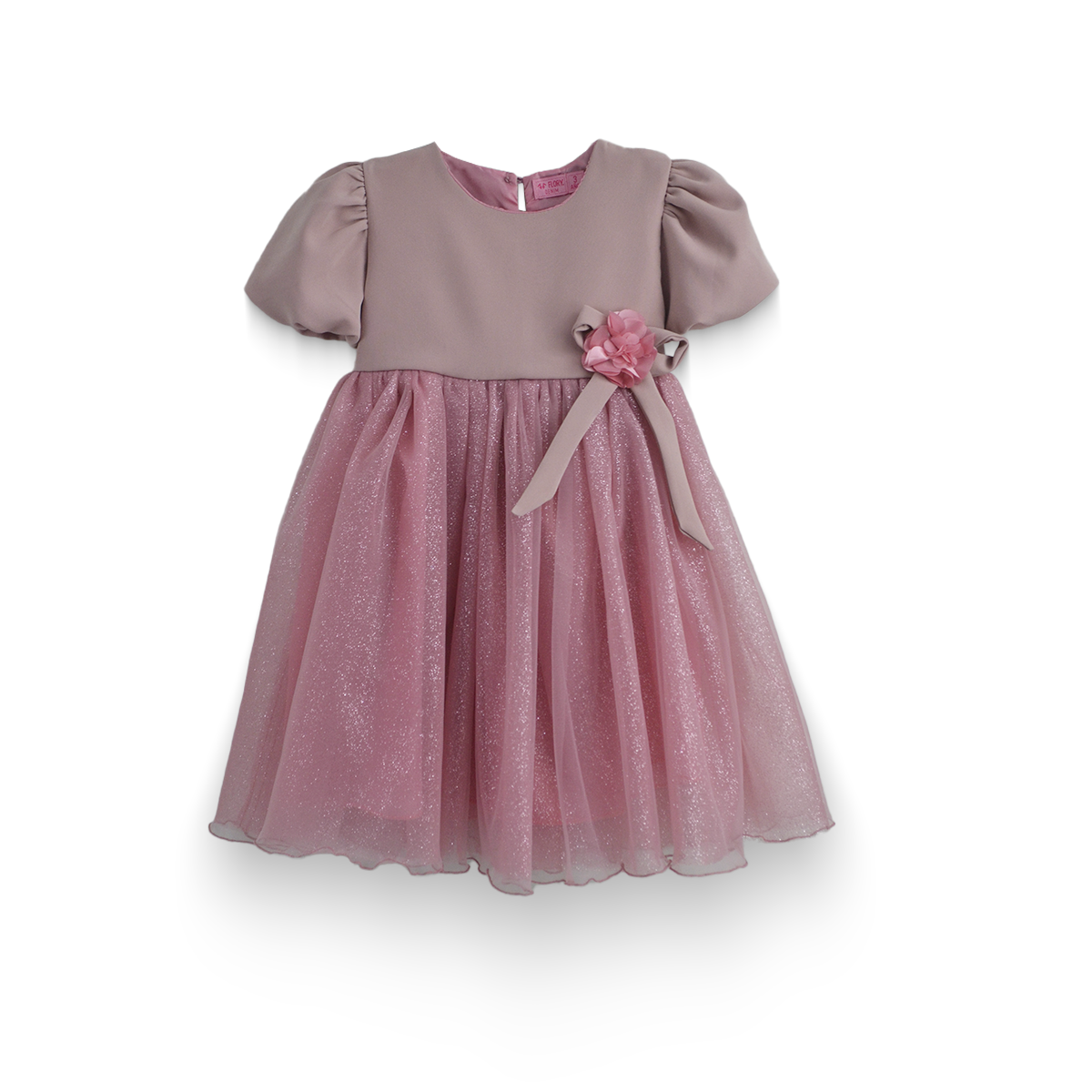 Vestido manga abullonada con flor de satín Flory niña bebé VEBB0119