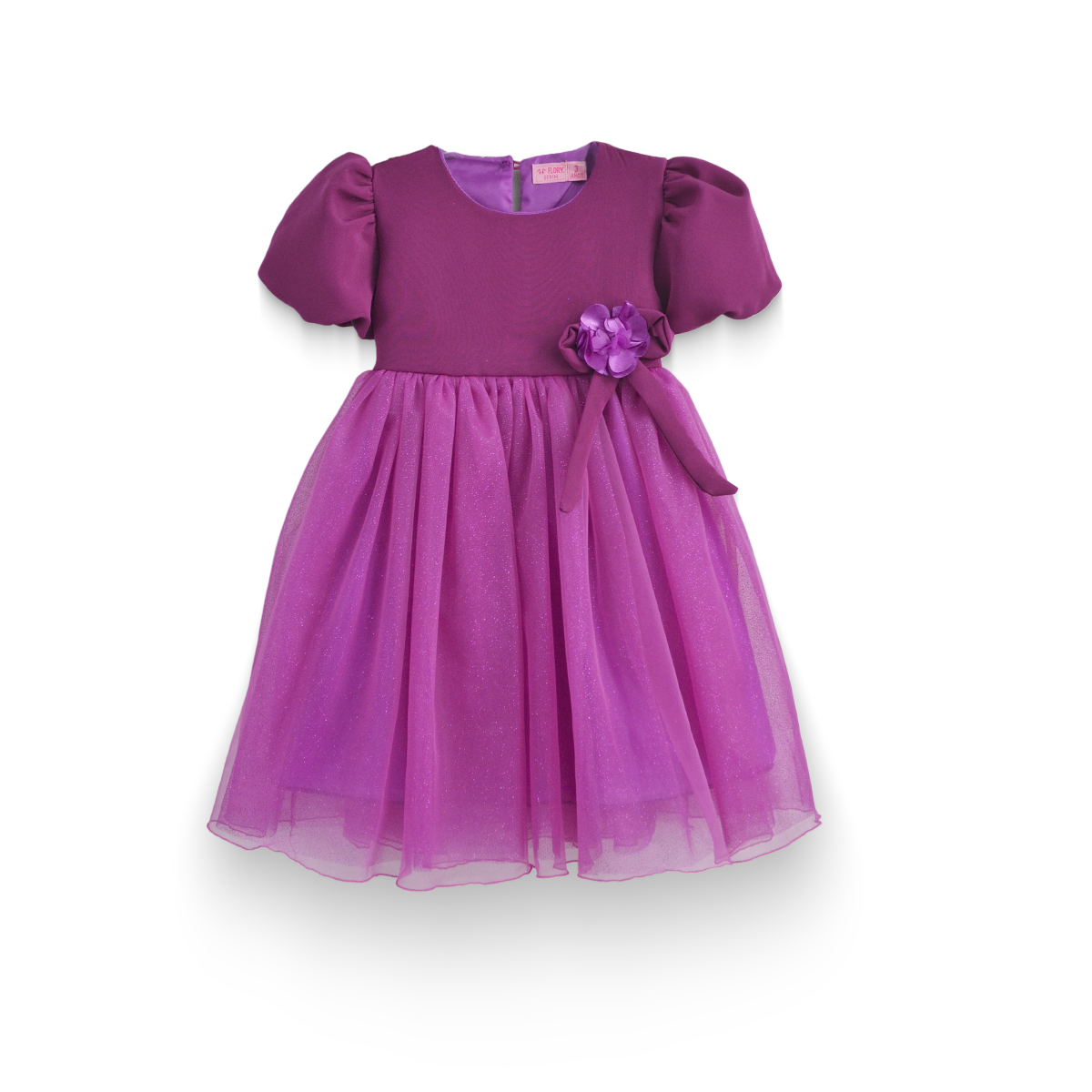 Vestido manga abullonada con flor de satín Flory niña bebé VEBB0119