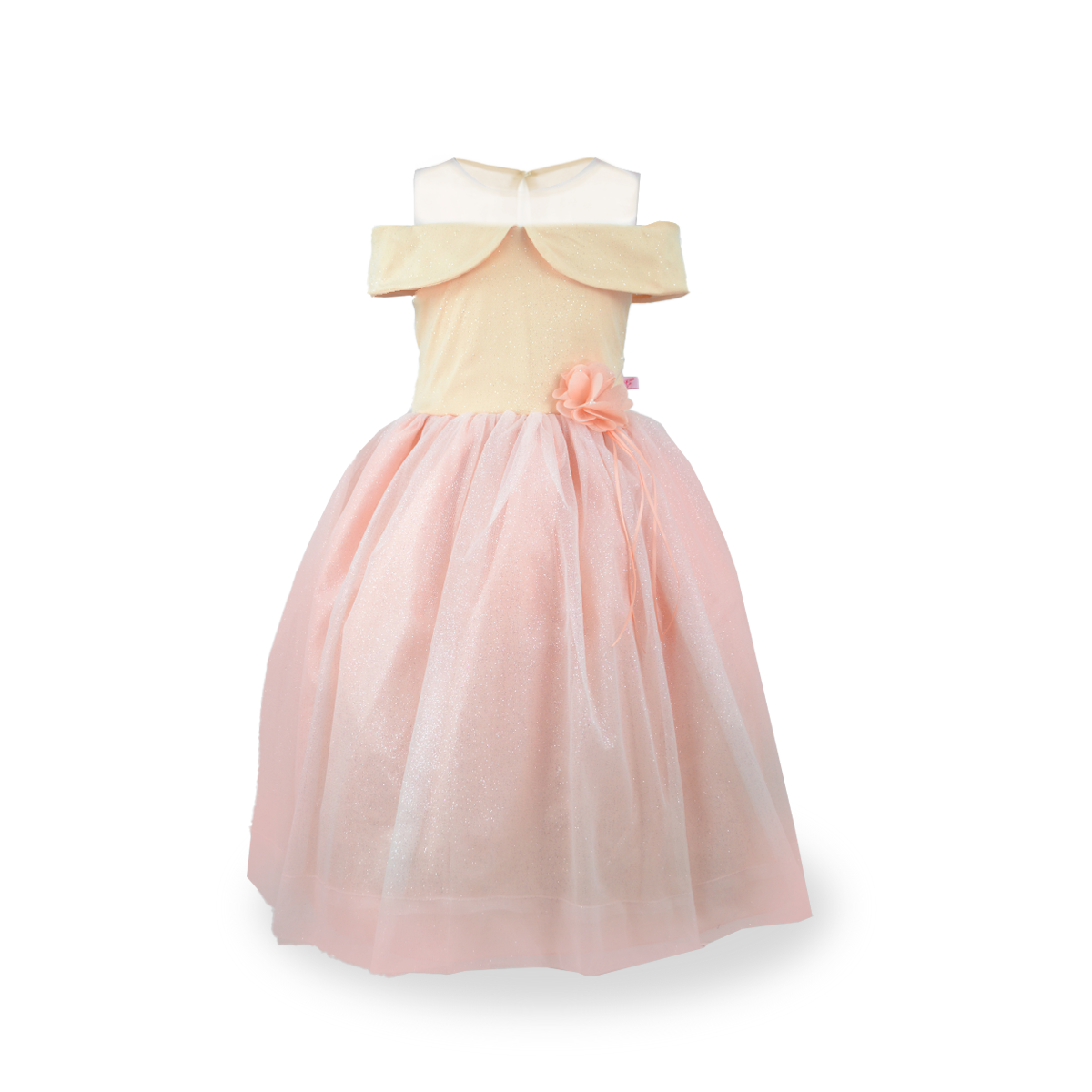 Vestido largo estilo princesa con transparencia y moño al frente Niña Flory VENI0142