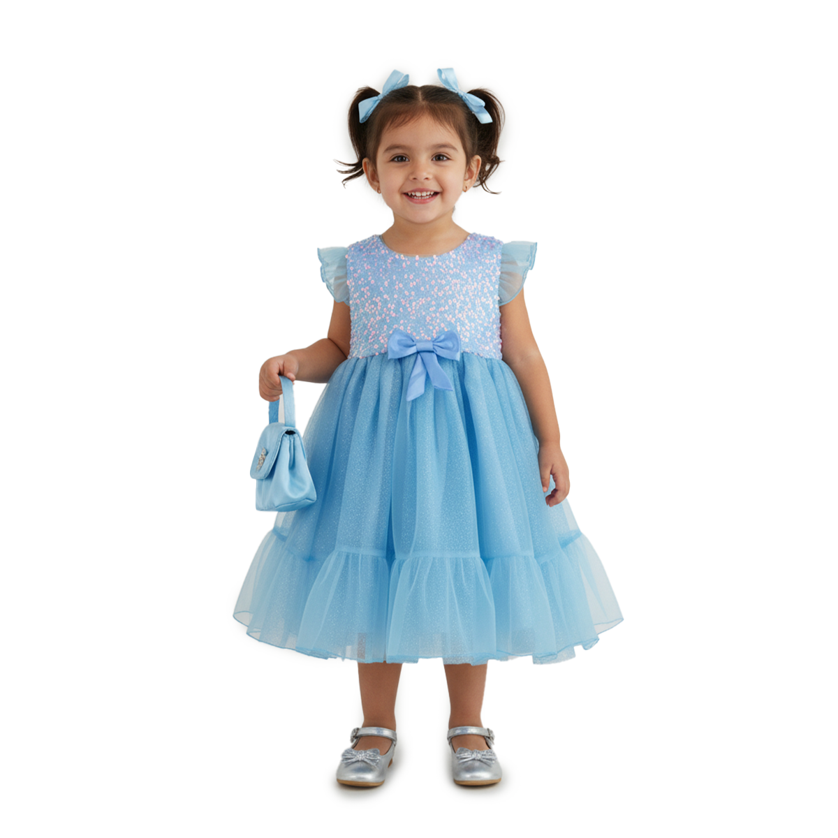 Vestido de lentejuelas con olanes y moño en cintura | VEBB0137 | tallas 1-2-3