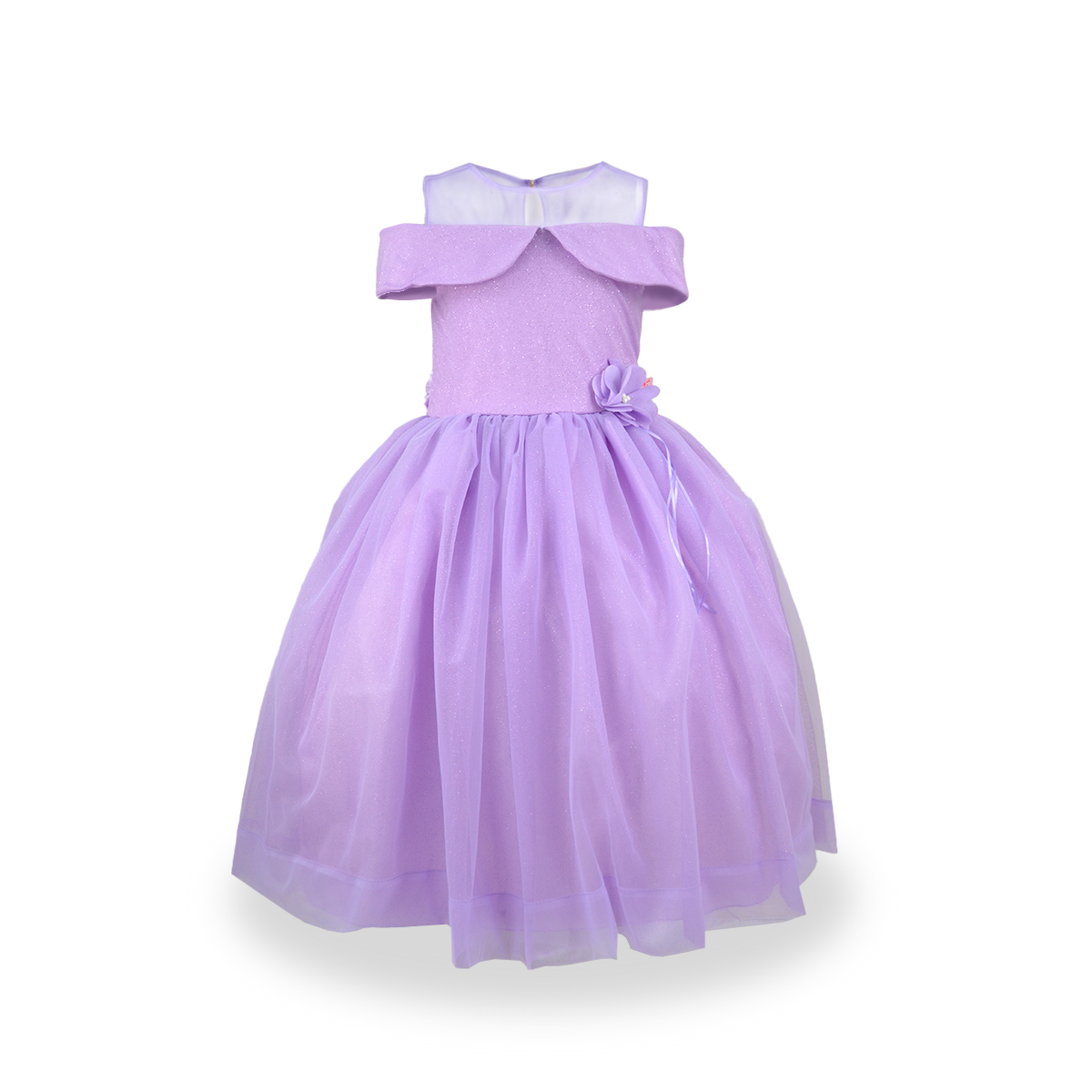 Vestido largo estilo princesa con transparencia y moño al frente Niña Flory VENI0142