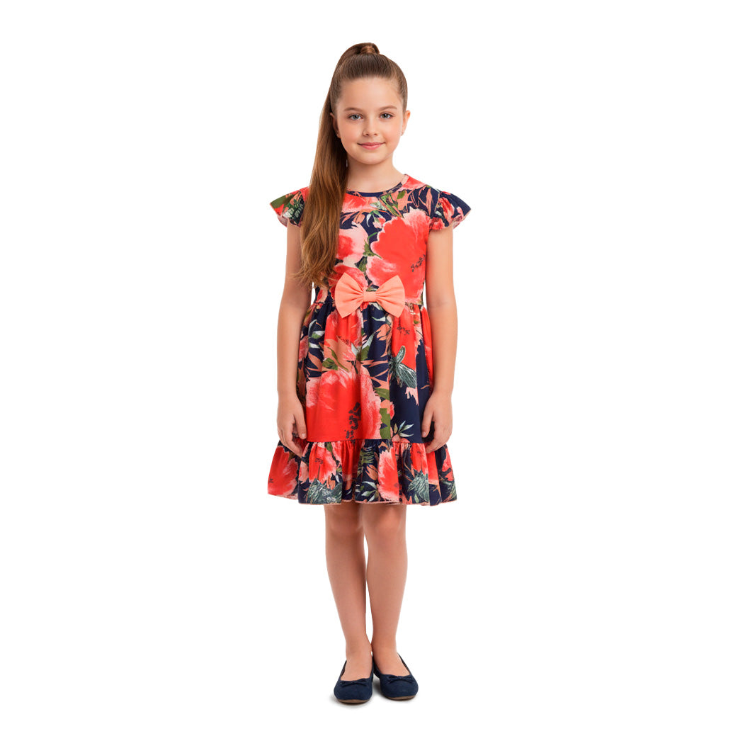 Vestido de flores y cenefa con moño para niña VENI0173 Flory
