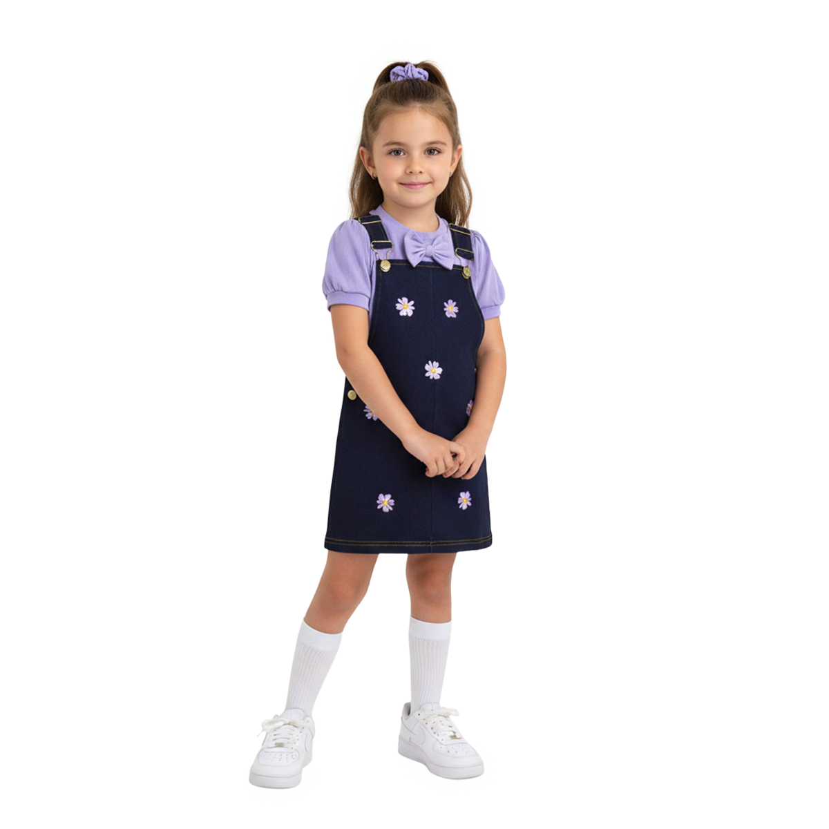 Jumper mezclilla bordado y blusa con moño | JUNI0002 | tallas ch-m-gr