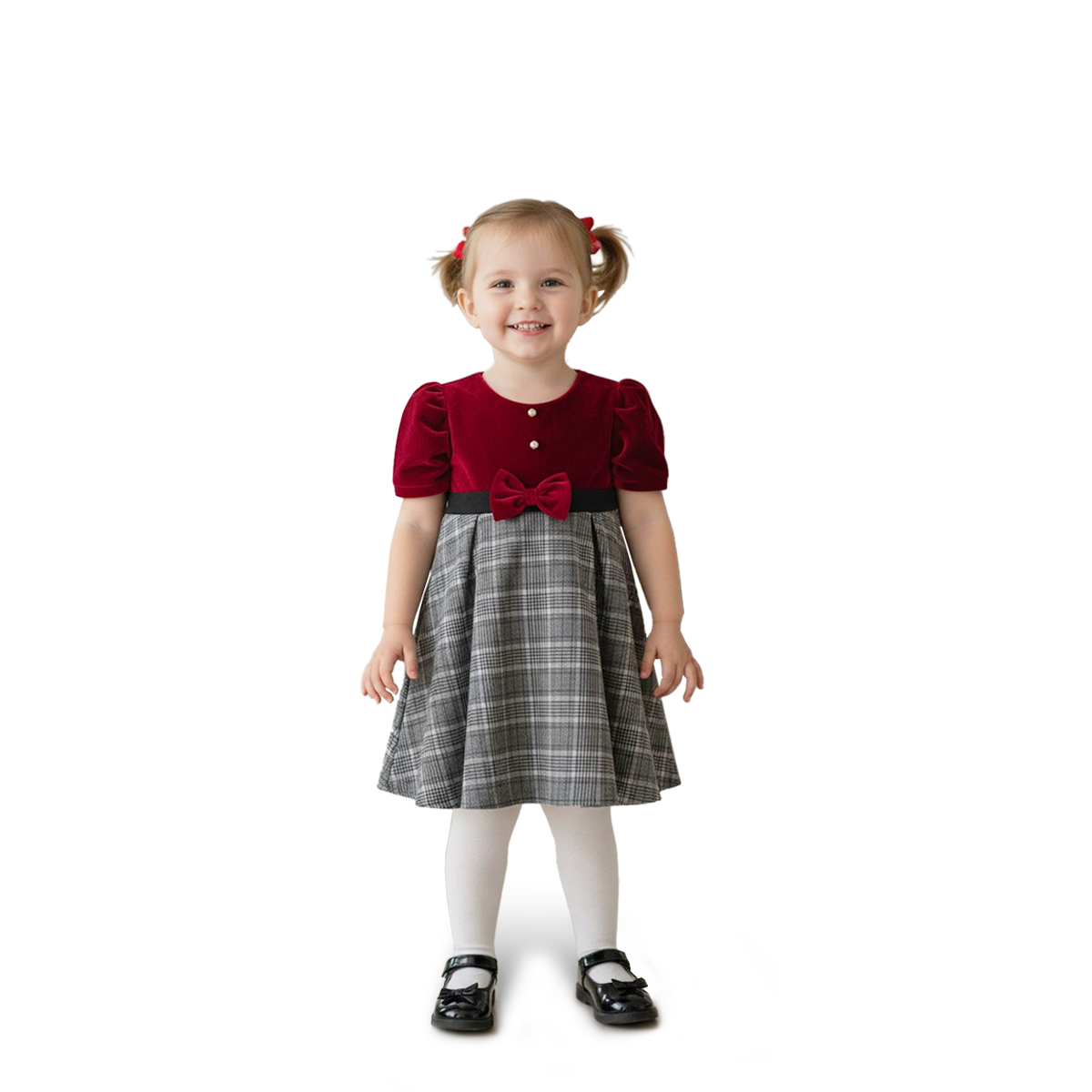 Vestido navideño de terciopelo en combinación a cuadros para bebé VEBB0120 Flory