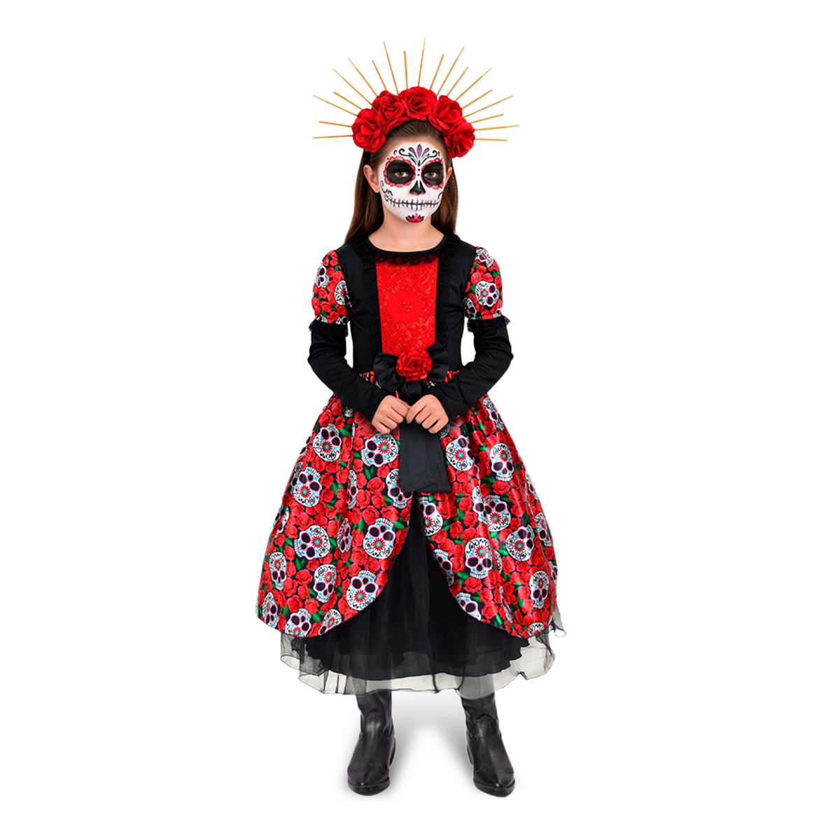 Vestido de Catrina estampado de rosas y corona de flores niña FLORY VENI0138