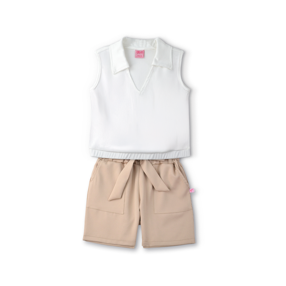 Conjunto de blusa con botones y short con bolsas y moño niña Flory COJU0004