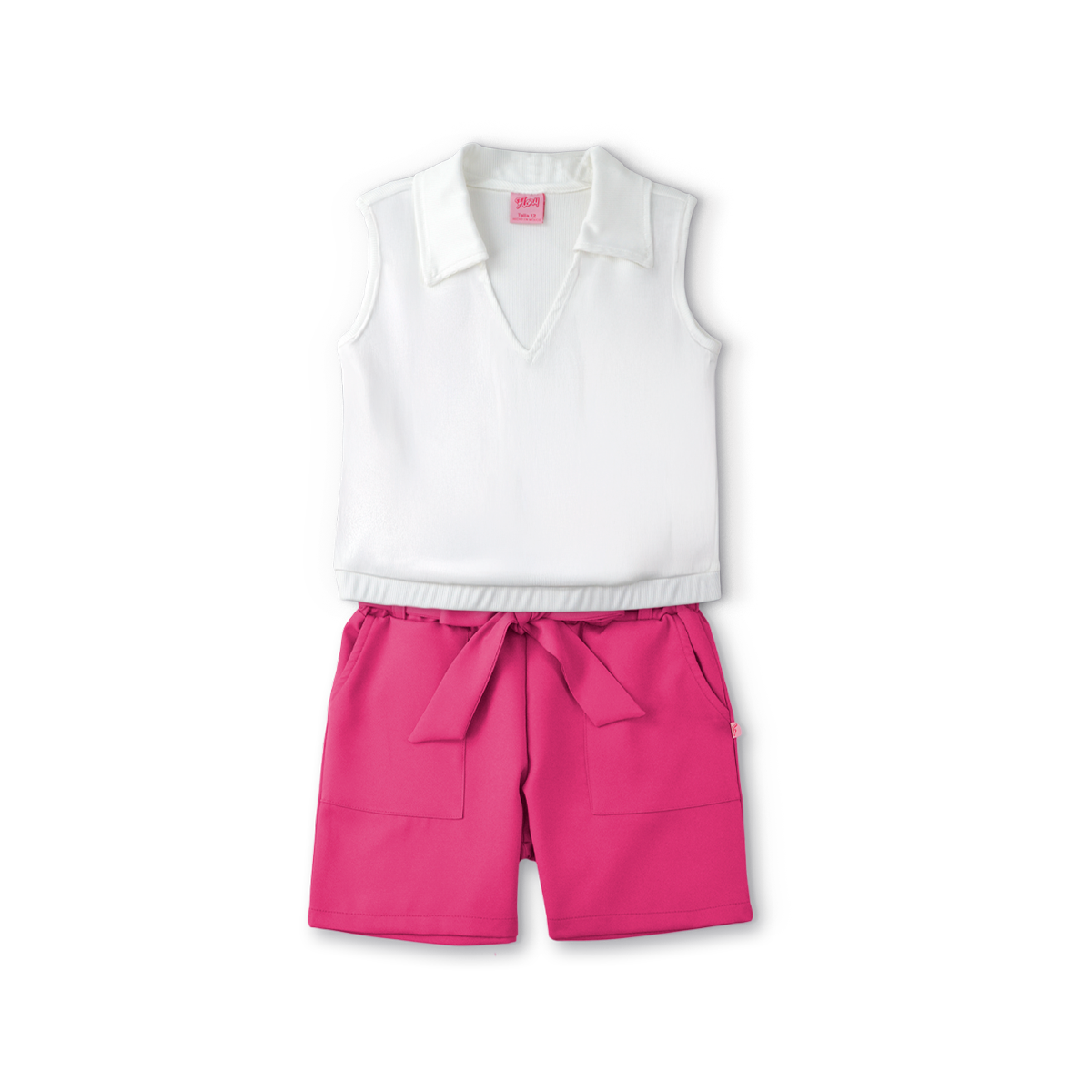 Conjunto de blusa con botones y short con bolsas y moño niña Flory COJU0004